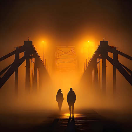 Two figures walk on a foggy bridge at night. The scene is mysterious and atmospheric, with orange lights illuminating the fog.の写真素材
