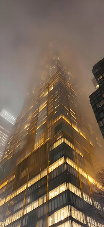 A towering skyscraper glows with warm light, shrouded in a thick fog. The urban scene is mysterious and atmospheric.の写真素材