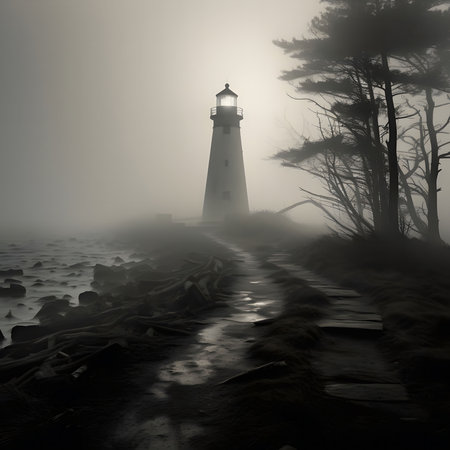 A solitary lighthouse shines through dense fog, a path leading towards it. Serene, mysterious, and atmospheric.の写真素材