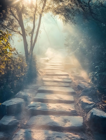 A sunlit stone path winds through a misty forest at sunrise. The scene evokes a sense of tranquility...