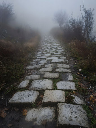 A mysterious stone path vanishes into a thick fog. The ancient road winds upwards, inviting exploration and contemplation.の写真素材