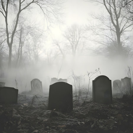 A misty graveyard scene, with tombstones shrouded in fog, creating a haunting and mysterious atmosphere.の写真素材
