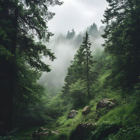 A misty forest path winds through a lush mountain landscape. Serene and peaceful atmosphere.