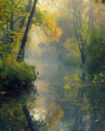 A misty autumn morning by a river reflecting the colorful treesの写真素材