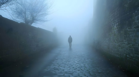 A lone figure walks down a mysterious, fog-laden cobblestone alley. The atmosphere is serene yet...