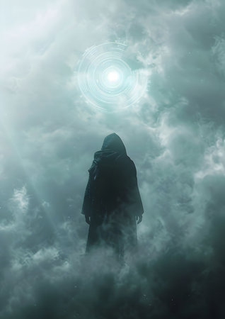 A hooded figure stands shrouded in mist, gazing towards a radiant light above. The scene evokes mystery and wonder.の写真素材