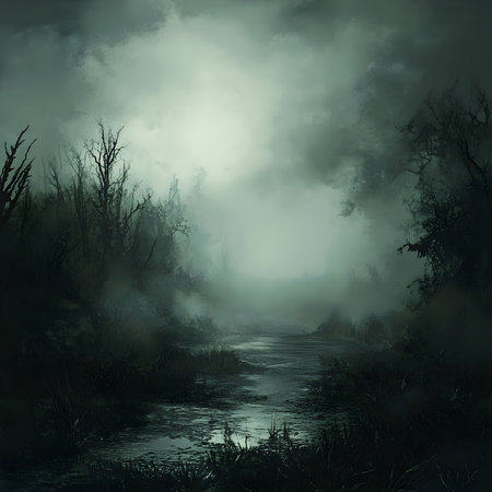 A digital painting depicting a mysterious swamp shrouded in mist. The dark, eerie atmosphere creates a sense of intrigue and tranquility.の写真素材