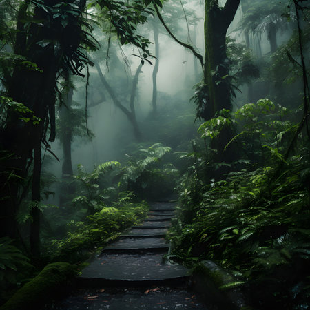 Misty jungle path ascending through lush, verdant foliage. A sense of mystery and serenity prevails.