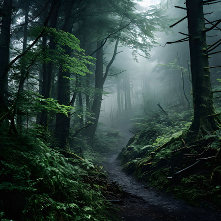 A misty forest path winds through towering trees, creating a magical and serene atmosphere. Lush...