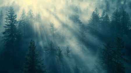 Sunbeams pierce through the morning mist in a mystical forest, creating a serene and enchanting atmosphere. The evergreen trees stand tall in the soft light.の写真素材
