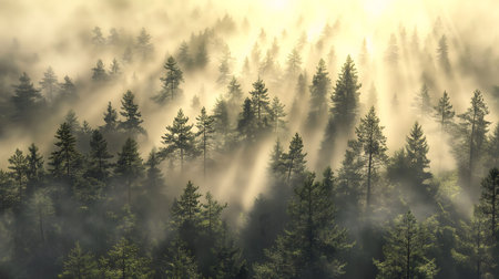 Sunbeams break through the morning mist in a dense forest, creating a magical, serene scene. Aerial...