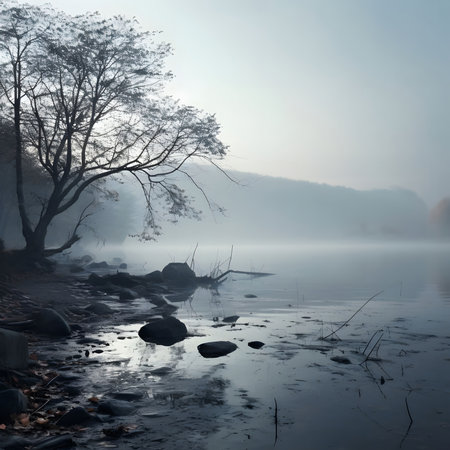 Serene riverbank at misty dawn. A solitary tree reflects on tranquil water.
