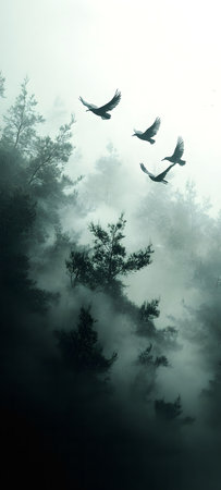 Four birds soar through a misty forest, creating a mysterious and serene atmosphere.の写真素材