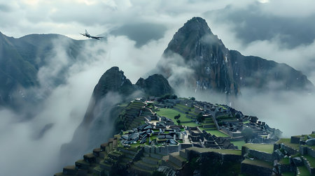 A plane flies over the mystical Machu Picchu, nestled within the Andes Mountains. The ancient city...