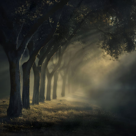 Sunbeams pierce through a misty olive grove at dawn, creating a magical and serene atmosphere.の写真素材