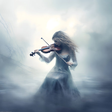 A woman plays violin in a dreamy, misty landscape. The image evokes a sense of peace and tranquility.の写真素材