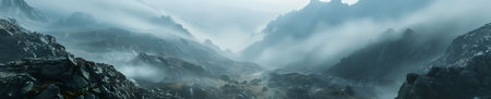 Misty mountain valley with a serene and mysterious atmosphere. Fog envelopes the peaks creating a...