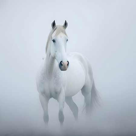 A stunning white horse stands alone in a misty field. The horse's beauty is emphasized by its serenity and the peaceful atmosphere.の写真素材