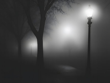 A solitary lamp post casts a dim light on a foggy path. Trees stand tall in the mist, creating an...