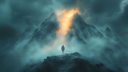 A lone figure stands on a misty mountain, gazing at a towering peak, bathed in an ethereal golden light.の写真素材