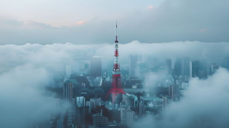 Tokyo Tower peeks through a sea of clouds, creating a breathtaking and serene cityscape.の写真素材