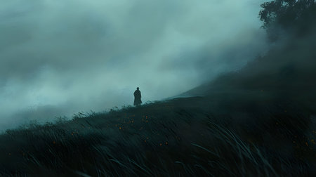 A lone figure stands on a misty hill, the wind rustling through the tall grass. A feeling of mystery and quiet contemplation pervades the scene.の写真素材
