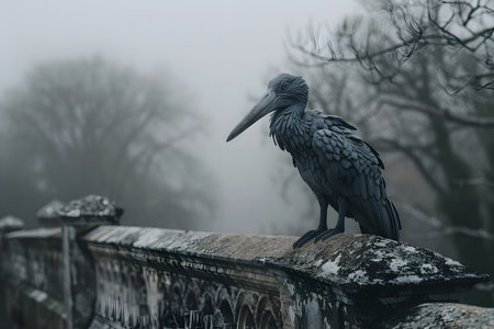 A shoebill stork stands on a stone wall in a foggy landscape. The atmosphere is calm and mysterious.の写真素材