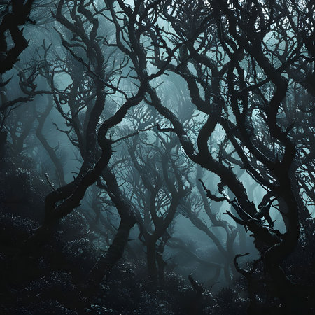 A misty forest scene with dark, twisted trees creating a mysterious and eerie atmosphere.の写真素材