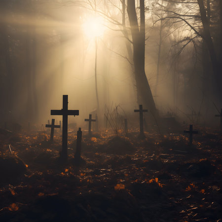 Sunbeams pierce the fog in an old forest cemetery, illuminating crosses and graves. A mystical and serene atmosphere.の写真素材