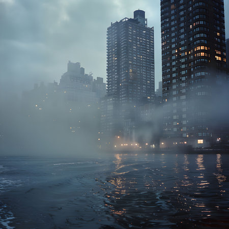 Fog-shrouded skyscrapers rising from the water's surface, creating an atmospheric city scene.の写真素材