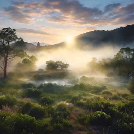 Sunrise over a misty mountain valley. Peaceful morning landscapeの写真素材