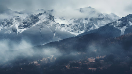 Serene mountain landscape shrouded in mist. Snow-capped peaks rise majestically.