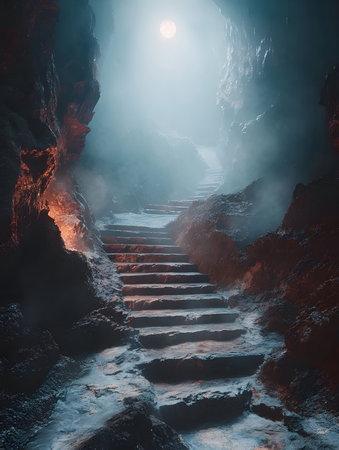 A digital rendering of a mysterious stairway leading through a dark and foggy cave, illuminated by a distant moon. The scene evokes a sense of adventure and exploration.の写真素材