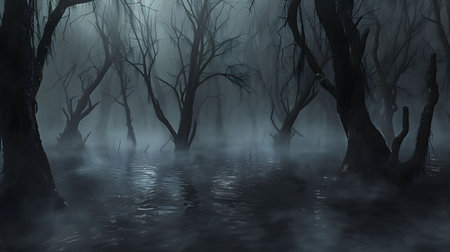 A dark and mysterious swamp at night, shrouded in fog, with eerie trees and still water. The...