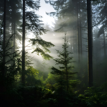 Sunbeams illuminate a misty forest at dawn. The scene evokes a sense of peace and wonder.
