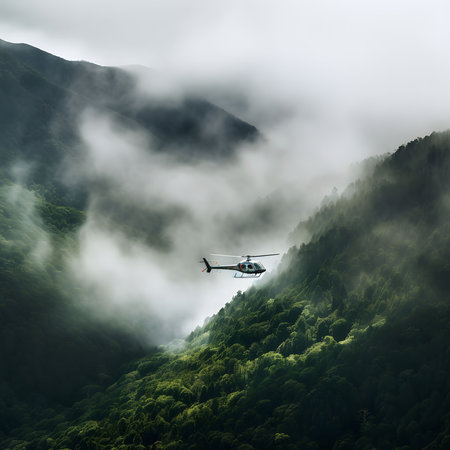 A helicopter flies over a misty mountain range. The scene is tranquil and peaceful.の写真素材