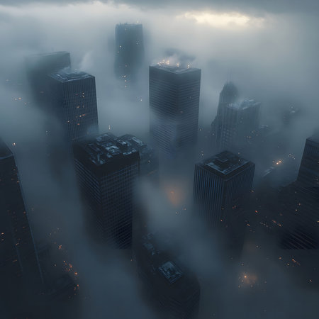 A captivating aerial view of a city shrouded in thick fog, creating a mysterious and atmospheric scene. The skyscrapers pierce the misty veil, casting a dramatic effect.の写真素材