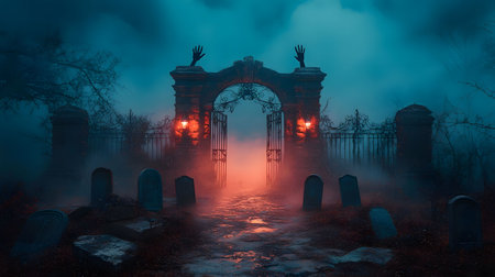 A chilling scene of a cemetery gate at night. Fog, tombstones, and a mysterious atmosphere create a spooky Halloween vibe.の写真素材