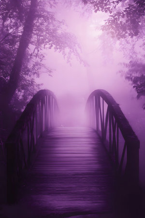 A wooden bridge disappears into a purple misty forest. Mysterious and serene.の写真素材
