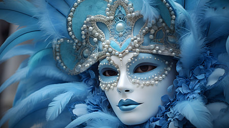 Close-up of a stunning blue Venetian carnival mask adorned with feathers and pearls. Intricate details and elegant design.の写真素材