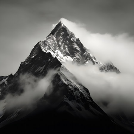 A stunning black and white photograph of a majestic mountain peak shrouded in mist. The image evokes a sense of serenity and awe.の写真素材