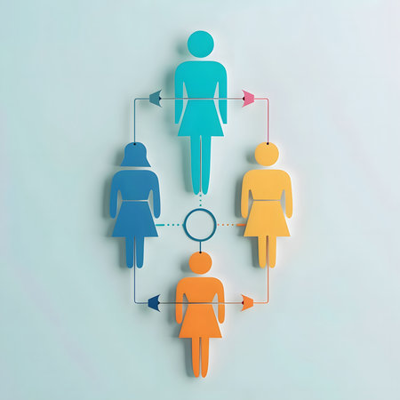 Stylized illustration depicting four female figures interconnected, symbolizing teamwork and...