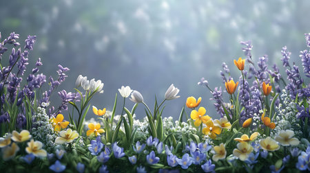 A vibrant spring meadow filled with colorful tulips, bluebells, and other wildflowers bathed in soft sunlight. A serene and beautiful scene.の写真素材