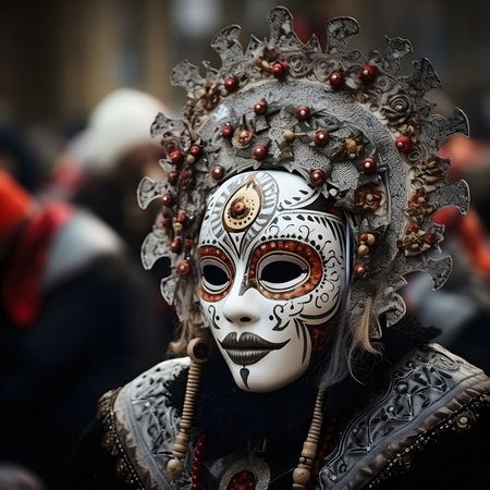 A captivating close-up of an ornate Venetian mask, showing intricate details and a mysterious aura. The mask's elaborate design and rich color palette create a captivating visual experience.の写真素材