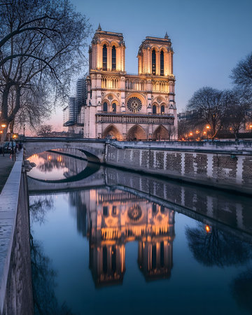 The stunning reflection of Notre Dame Cathedral in Paris at dusk, creating a serene and magical atmosphere.の写真素材