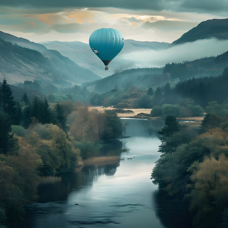A hot air balloon floats serenely over a misty Scottish landscape, reflecting the peaceful atmosphere of the highlands.の写真素材