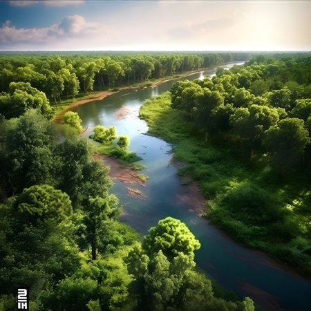 Aerial view of a calm river flowing through a vibrant green forest. The scene is tranquil and peaceful.の写真素材