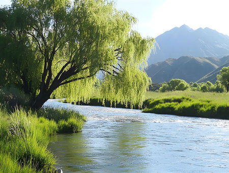 A tranquil willow tree graces the riverbank, reflecting the serenity of a mountain landscape. Peaceful nature scene.の写真素材