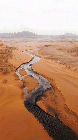 A winding river cuts through the vast, orange desert. Mountains form the distant backdrop.の写真素材