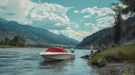 A man stands by his boat on a serene mountain lake, enjoying the breathtaking view. Summer day, calm water.の写真素材